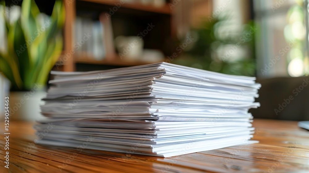 Poster a tidy stack of documents rests on a wooden table, creating an organized appearance in an inviting w