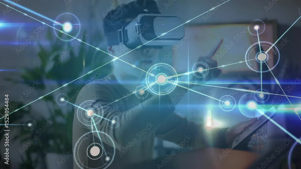 Poster man wearing vr headset tapping tablet initiating network nodes visualizing data for tech demo