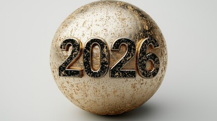 Glossy black and gold 2026 numbers on a weathered golden sphere over light gray background representing New Year concept Generative AI