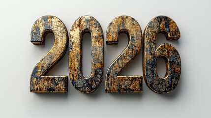 Rough textured black and gold 2026 numbers on white background symbolizing vintage New Year celebration and artistic design Generative AI