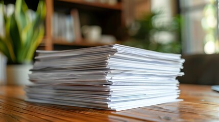 A tidy stack of documents rests on a wooden table, creating an organized appearance in an inviting workspace, embodying professionalism, structure, and productivity.