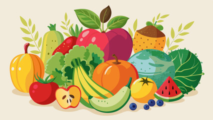 Colorful Fruits and Vegetables Illustration for Healthy Eating Concepts