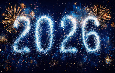 Radiant blue 2026 numbers formed from sparkles and surrounded by golden fireworks in night sky celebrating New Year with energy and joy Generative AI