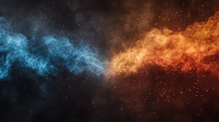 Obraz premium A dramatic visual representation of blue and orange smoke swirling together, creating a striking contrast that evokes emotions and suggests a clash of dualities, both powerful and mesmerizing.