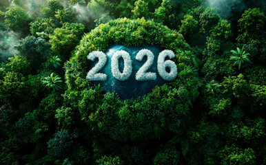 Cloud-shaped 2026 numbers over Earth surrounded by dense green forest and mist symbolizing eco future and sustainability Generative AI