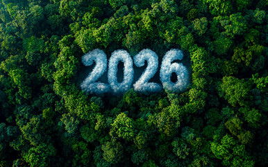 Cloud-formed 2026 numbers emerging from lush green forest canopy symbolizing environmental awareness and sustainable future Generative AI