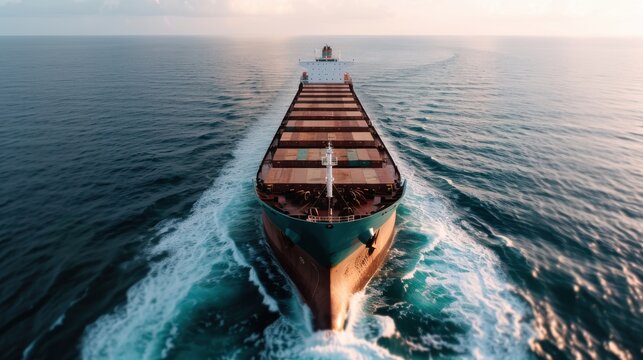 A majestic cargo ship navigates smoothly through serene ocean waters, showcasing the elegance of maritime transport and the vastness of the sea in a tranquil and peaceful setting. - Powered by Adobe