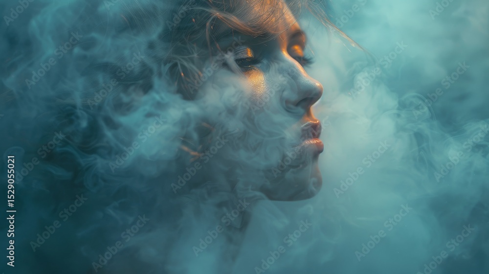 Aufkleber a moody portrait of a woman with soft features enveloped in delicate wisps of smoke, creating an eth