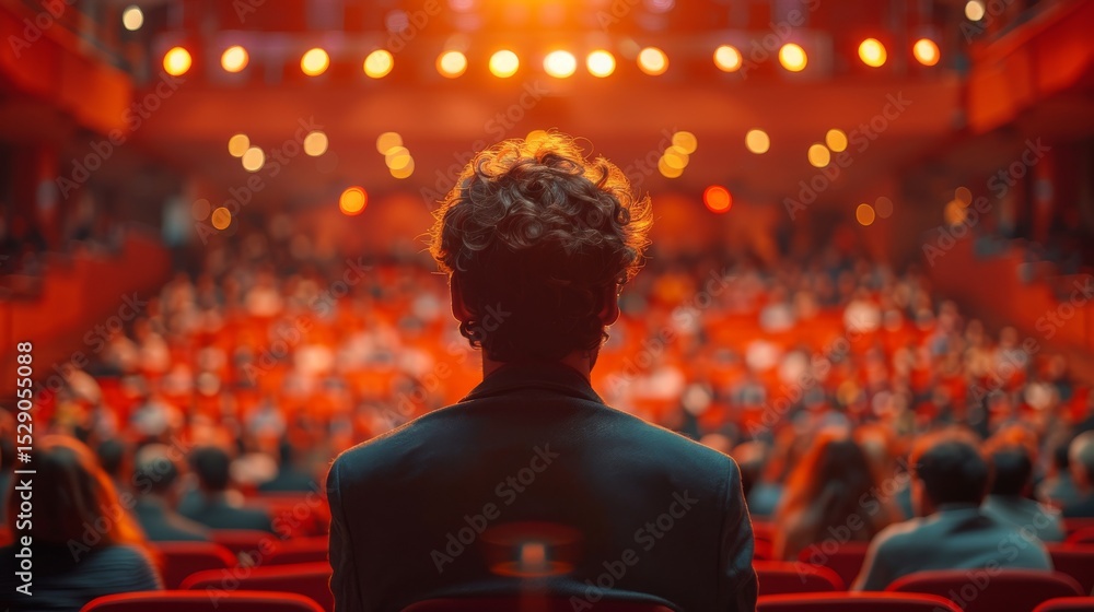 Aufkleber a captivating view of a person watching a performance from the back of an auditorium, illuminated by