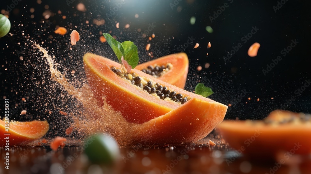 Poster a dynamic shot of a ripe papaya being split open, with seeds scattering and green leaves adding fres