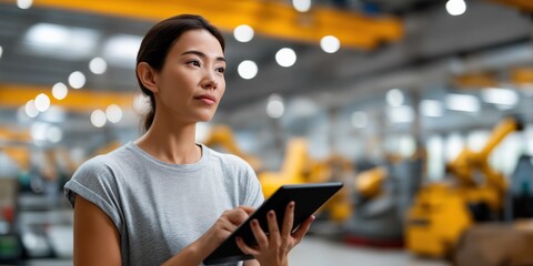 Asian female engineer using tablet in industrial robotic facility