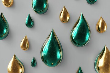 Liquid droplets in gold and emerald green create an artistic arrangement on a soft gray backdrop.