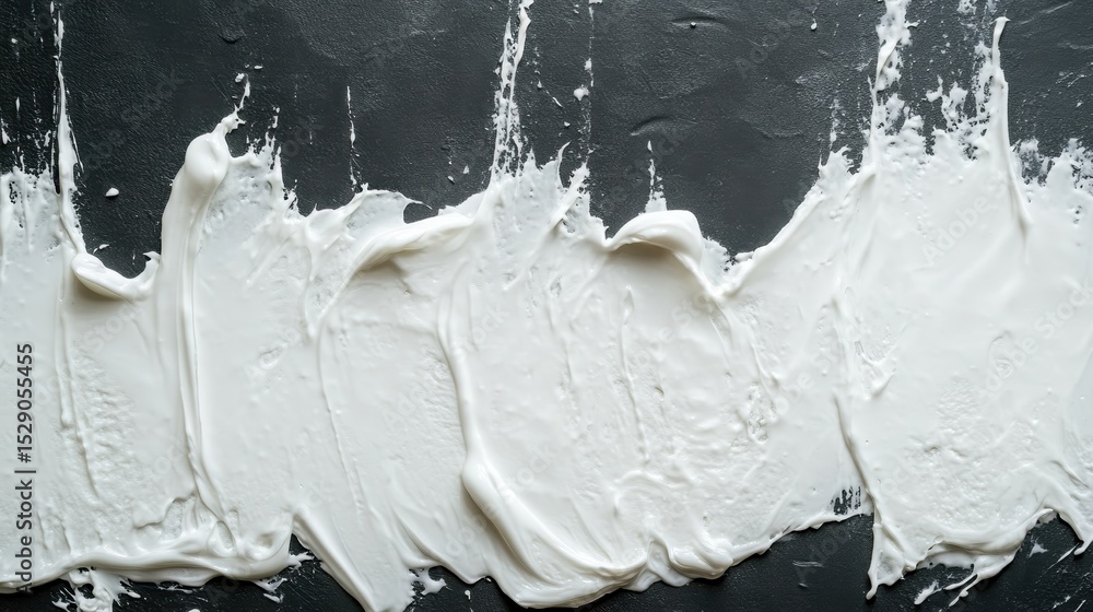 Poster an abstract close-up of creamy white substance smeared artistically across a dark surface, creating 