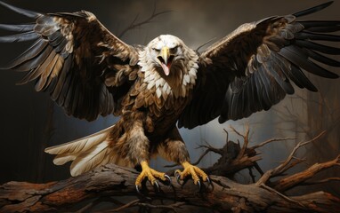 This stunning portrayal of an eagle showcasing its immense wingspan and fierce presence exemplifies the beauty and power of nature's majestic birds in their habitat.