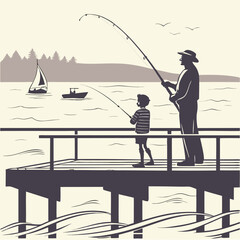 Fishing with Dad on a Pier Vector Illustration