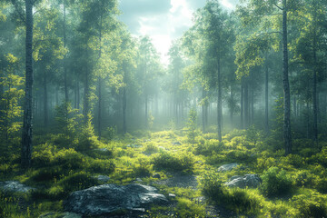 Fototapeta premium Photorealistic Forest Scene with Mist and Shaking Trees