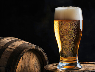 Large glass of beer with frothy head stands on wooden barrel, golden bubbles rising in dark background