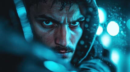 An intense close-up portrait of a serious young man, embodying determination and focus with striking lighting that highlights his piercing gaze and emotional depth.