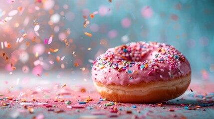 A vibrant pink-frosted donut adorned with colorful sprinkles, set against a blurred background with shimmering confetti that adds a festive touch to the scene.