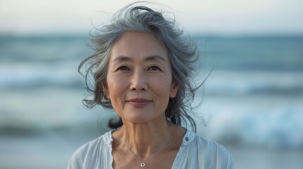 A serene elderly woman stands at the beach, her hair tousled by the gentle sea breeze, embodying tranquility and wisdom while gazing thoughtfully into the distance.