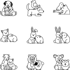 Black and white line art illustrations of various animal pairs, including dogs, cats, birds, rabbits, and other creatures, showcasing companionship and friendship.