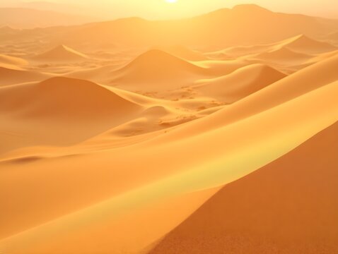 Golden sand dunes with soft curves and shimmering grains under warm sunlight, creating abstract desert landscape and natural texture