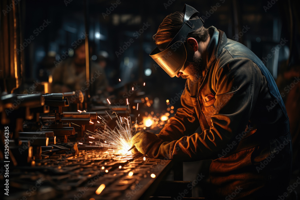 Aufkleber a skilled worker performs precision welding, creating bright sparks in a bustling workshop setting f