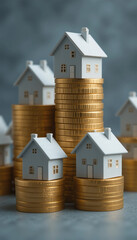 three miniature houses on rising coin stacks - illustrating real estate investment and value growth