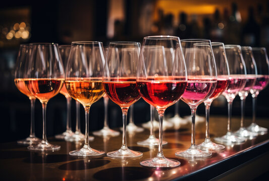 This sophisticated image displays an array of beautiful wine glasses filled with colorful beverages, creating a refined and inviting atmosphere ideal for social gatherings.