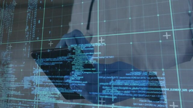 Gloved hand tapping tablet screen activating code grid while masked doctor scanning health data