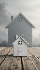 Miniature and large houses on wooden floor - illustrating real estate downsizing and investment