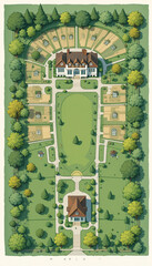 bird's eye view of a suburban cul-de-sac with diverse homes and lush landscaping