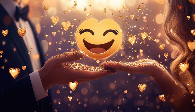 Couple's hands hold a laughing emoji, gold hearts shower