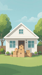new home moving concept - stacked cardboard boxes outside house