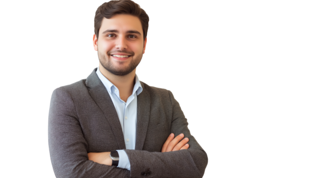 Corporate worker in business-casual outfit, standing posture, neutral face, white background, sharp focus, PNG  - Powered by Adobe