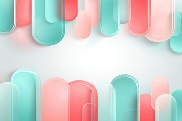 Fluid rectangles and ovals in soft teal and coral pink align symmetrically against a gradient white background.