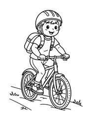 Child riding bicycle to school with backpack on a sunny day  