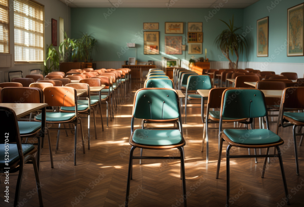 Aufkleber an empty classroom filled with rows of chairs, illuminated by soft, natural light coming through the