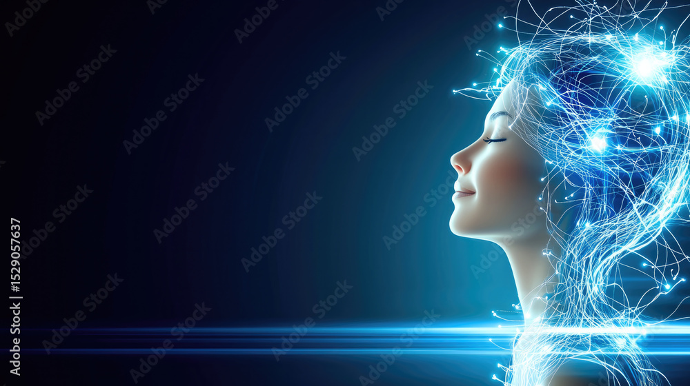 Aufkleber side view of woman with glowing neural network, futuristic technology, digital brain, serene express