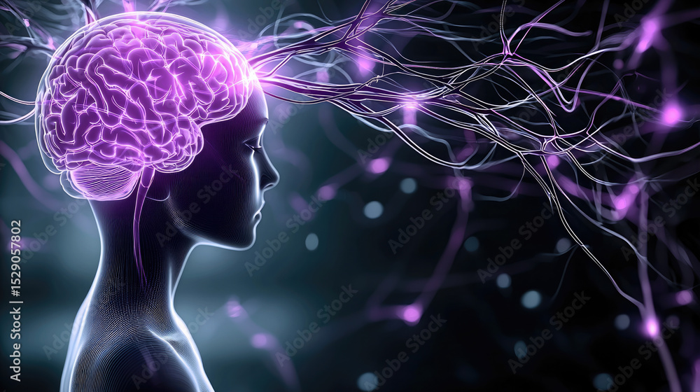 Aufkleber side view digital illustration of human brain glowing with neural network, futuristic and intelligen