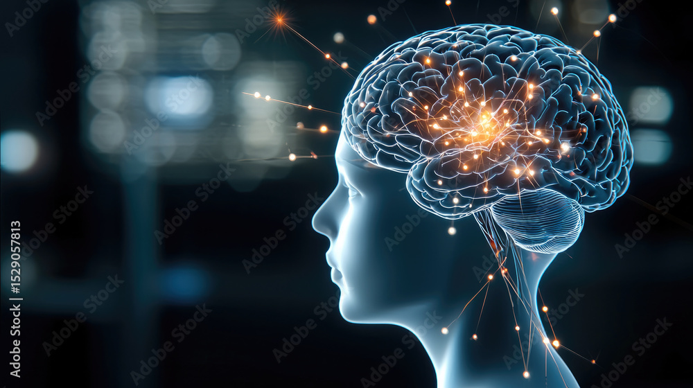 Poster side view glowing neural brain digital artificial intelligence human futuristic technology science