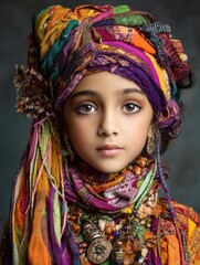 Vibrant portrait of a girl wearing a colorful turban and jewelry.  Rich textures and ethnic style. Ideal for fashion, beauty, and cultural projects.