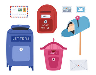 Lovely cartoon set with different mailboxes. Vintage, standing on street, residential, public postbox for delivering mail, parcels. Diverse letter box clipart as post office concept isolated on white.