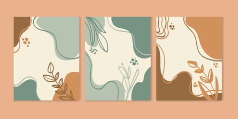 Abstract botanical wall art set with minimalist organic shapes and earthy tones. Modern, elegant design ideal for home decor, posters, prints, and digital backgrounds.
