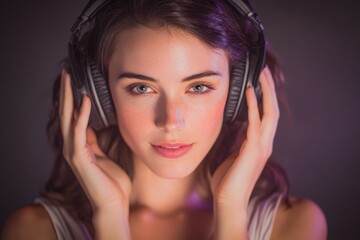 Fototapeta premium Close-up portrait of a young woman enjoying music with headphones. Perfect for websites, blogs, and social media related to music, fashion, and technology