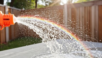 Water gun spraying in sunlight, playful mood, creating rainbow effect, backyard setting