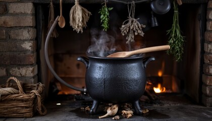 Witch's pot on fireplace, spooky atmosphere, bubbling with smoke, Halloween preparation