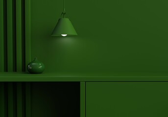 Green Monochrome Minimal office desk background. Counter shelf mockup design with copy space for eco bio product presentation. Elegant Contemporary Home interior. 3d rendering.