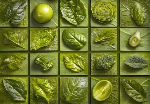 Green food art, arranged in squares - Powered by Adobe