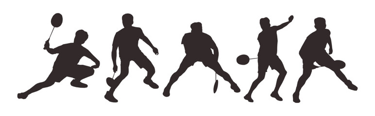 set of silhouettes of athletes or male badminton players. isolated on white background. graphic vector illustration